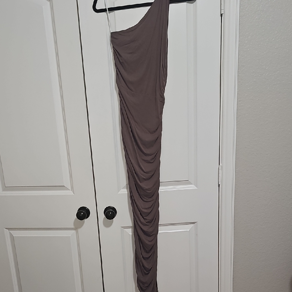 SHEIN One-Shoulder Ruched Dress in Taupe